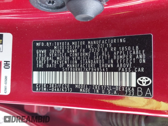 2019 Toyota Corolla L z VIN 5YFBURHE7KP949541, wystawiony jako IAAI lot #41811330 z przebiegiem 61 712 mil mil oraz . Historia ofert i sprzedaży dostępna na DreamBid. Obrazek 9.