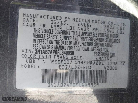 2015 Nissan Sentra SR with VIN 3N1AB7AP0FL649959, listed as a IAAI auction lot 41654633 with NaN miles. Bid and sale history available at carsss.com. Image 9.