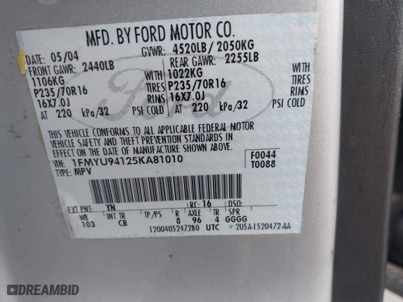 2005 Ford Escape Limited with VIN 1FMYU94125KA81010, listed as a IAAI auction lot 41865373 with 123,972 mi miles. Bid and sale history available at carsss.com. Image 9.