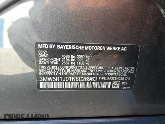 2022 BMW 3 Series 330i with VIN 3MW5R1J01N8C26963, listed as a Copart auction lot 45590415 with 37,441 mi miles and Salvage Title. Bid and sale history available at carsss.com. Image 14.