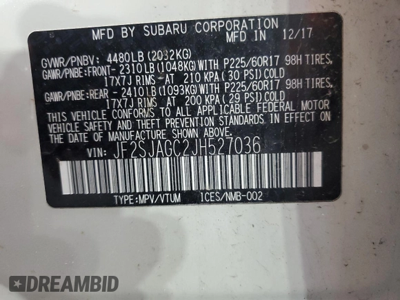 2018 Subaru Forester Premium with VIN JF2SJAGC2JH527036, listed as a Copart auction lot 54867905 with 115,591 mi miles and Salvage Title. Bid and sale history available at carsss.com. Image 12.