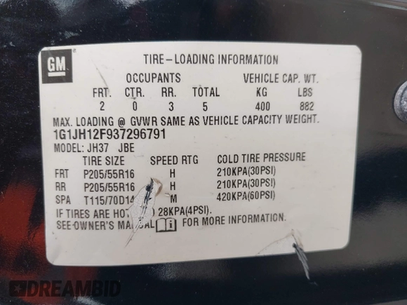 2003 Chevrolet Cavalier LS Sport z VIN 1G1JH12F937296791, wystawiony jako IAAI lot #42232858 z przebiegiem 188 410 mil mil oraz . Historia ofert i sprzedaży dostępna na DreamBid. Obrazek 9.