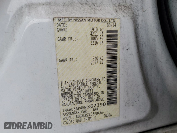 2014 Nissan Altima 2.5 S with VIN 1N4AL3AP4EN362390, listed as a Copart auction lot 52136585 with 147,004 mi miles and Clean Title. Bid and sale history available at carsss.com. Image 12.