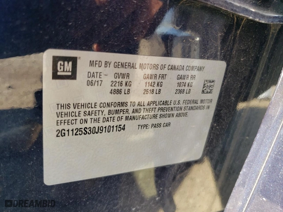 2018 Chevrolet Impala Premier with VIN 2G1125S30J9101154, listed as a Copart auction lot 54892294 with 0 mi miles and Salvage Title. Bid and sale history available at carsss.com. Image 13.
