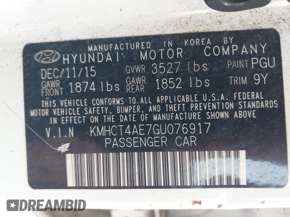 2016 Hyundai Accent SE z VIN KMHCT4AE7GU076917, wystawiony jako IAAI lot #42425890 z przebiegiem 136 031 mil mil oraz . Historia ofert i sprzedaży dostępna na DreamBid. Obrazek 9.