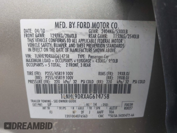 2010 Lincoln MKS с VIN 1LNHL9DRXAG614758, выставлен на аукционе IAAI как лот 42326402 с пробегом 141 602 миль миль и . История ставок и продаж доступна на DreamBid. Изображение 9.