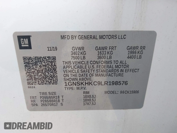 2020 Chevrolet Suburban LT z VIN 1GNSKHKC9LR198576, wystawiony jako IAAI lot #42498041 z przebiegiem 81 668 mil mil oraz . Historia ofert i sprzedaży dostępna na DreamBid. Obrazek 9.