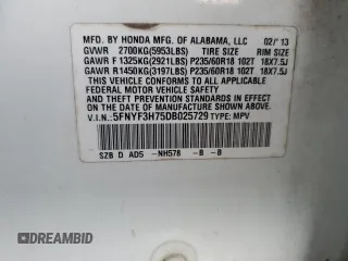 2013 Honda Pilot EX-L z VIN 5FNYF3H75DB025729, wystawiony jako Copart lot #56788345 z przebiegiem 177 448 mil mil oraz Szkoda całkowita • Salvage title. Historia ofert i sprzedaży dostępna na DreamBid. Obrazek 13.