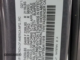2018 Honda Accord EX-L z VIN 1HGCV1F59JA111618, wystawiony jako Copart lot #56922785 z przebiegiem 51 796 mil mil oraz Szkoda całkowita • Salvage title. Historia ofert i sprzedaży dostępna na DreamBid. Obrazek 12.