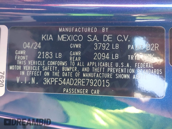 2024 Kia Forte GT-Line with VIN 3KPF54AD2RE792015, listed as a IAAI auction lot 41659286 with 8,599 mi miles and . Bid and sale history available at carsss.com. Image 9.