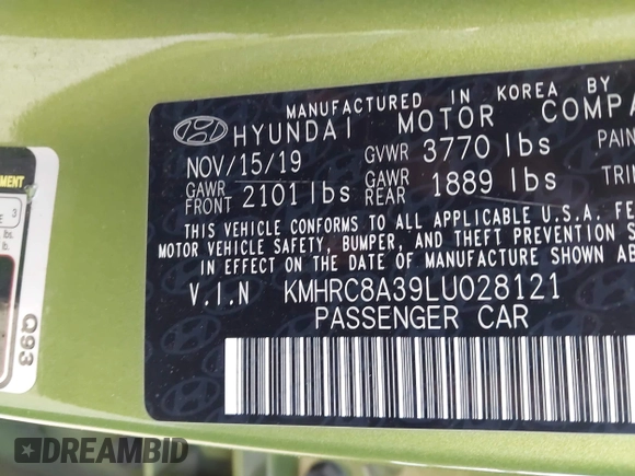 2020 Hyundai Venue SEL z VIN KMHRC8A39LU028121, wystawiony jako IAAI lot #41988769 z przebiegiem 122 543 mil mil oraz . Historia ofert i sprzedaży dostępna na DreamBid. Obrazek 9.
