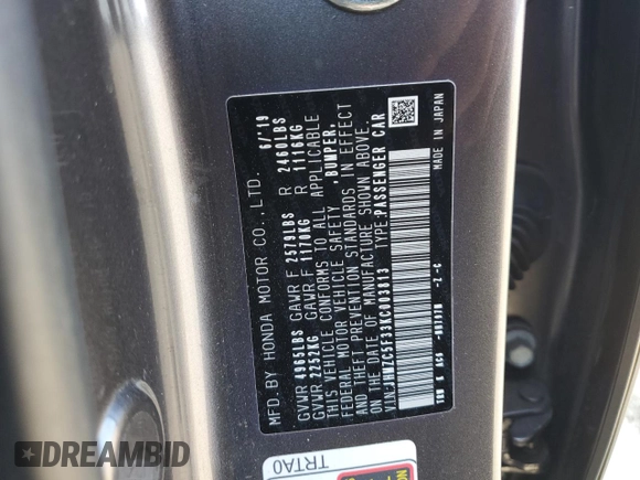 2019 Honda Clarity Plug-In Hybrid Touring with VIN JHMZC5F33KC003813, listed as a Copart auction lot 53920945 with 56,998 mi miles and Salvage Title. Bid and sale history available at carsss.com. Image 13.