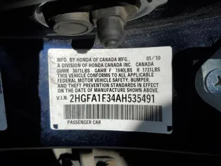 2010 Honda Civic Sdn DX-VP with VIN 2HGFA1F34AH535491, listed as a Copart auction lot 52815665 with 81,339 mi miles and Salvage Title. Bid and sale history available at carsss.com. Image 14.