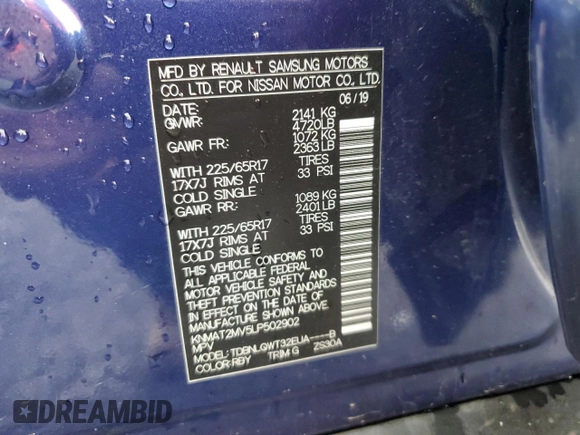 2020 Nissan Rogue SV z VIN KNMAT2MV5LP502902, wystawiony jako Copart lot #55873215 z przebiegiem 96 736 mil mil oraz Szkoda całkowita • Salvage title. Historia ofert i sprzedaży dostępna na DreamBid. Obrazek 13.