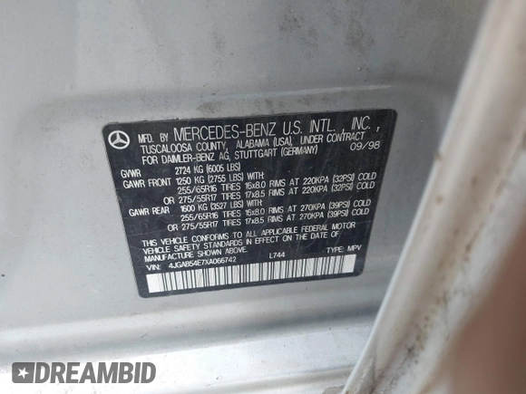 1999 Mercedes-Benz M 320/430/500 с VIN 4JGAB54E7XA066742, выставлен на аукционе IAAI как лот 42359484 с пробегом 192 918 миль миль и . История ставок и продаж доступна на DreamBid. Изображение 9.