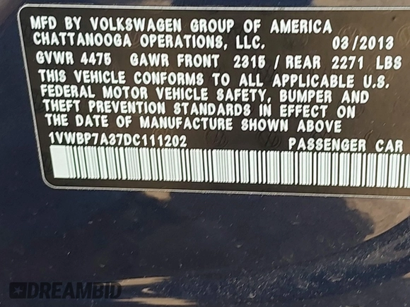 2013 Volkswagen Passat SE z VIN 1VWBP7A37DC111202, wystawiony jako IAAI lot #42395659 z przebiegiem 138 783 mil mil oraz . Historia ofert i sprzedaży dostępna na DreamBid. Obrazek 9.