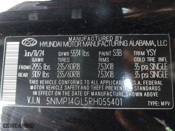 2024 Hyundai Santa Fe SE with VIN 5NMP14GL5RH055401, listed as a IAAI auction lot 41144151 with 7,694 mi miles. Bid and sale history available at carsss.com. Image 9.