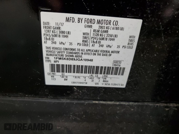 2018 Ford Explorer XLT с VIN 1FM5K8D89JGA10948, выставлен на аукционе Copart как лот 57079505 с пробегом 66 947 миль миль и На запчасти • Non repairable. История ставок и продаж доступна на DreamBid. Изображение 14.