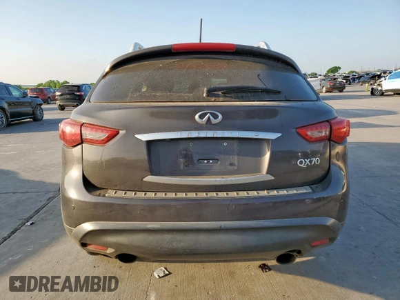 2015 Infiniti QX70 with VIN JN8CS1MU1FM381938, listed as a Copart auction lot 53502405 with Not provided miles and Salvage title. Bid and sale history available at DreamBid. Image 6.