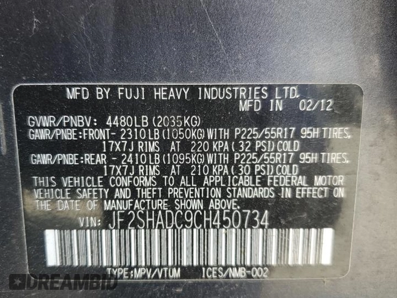 2012 Subaru Forester X Premium with VIN JF2SHADC9CH450734, listed as a Copart auction lot 53167735 with 113,040 mi miles and Clean Title. Bid and sale history available at DreamBid. Image 13.