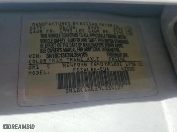 2009 Nissan Versa 1.8 S with VIN 3N1BC13E39L354109, listed as a Copart auction lot 50328135 with 133,257 mi miles and Salvage Title. Bid and sale history available at carsss.com. Image 13.
