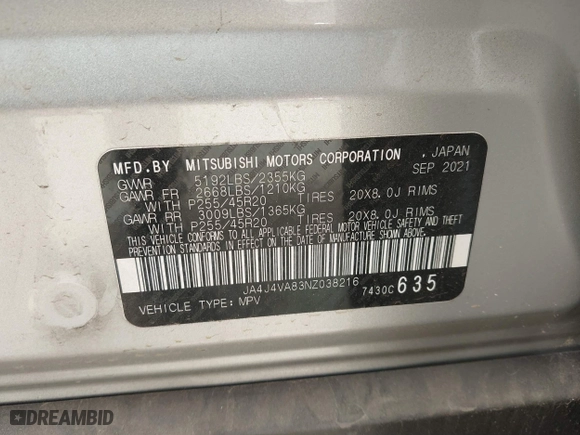 2022 Mitsubishi Outlander SEL with VIN JA4J4VA83NZ038216, listed as a IAAI auction lot 41796788 with 64,507 mi miles. Bid and sale history available at carsss.com. Image 9.