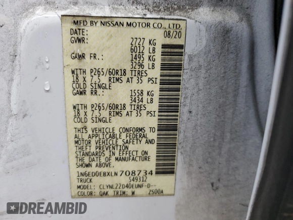 2020 Nissan Frontier Pro-4X with VIN 1N6ED0EBXLN708734, listed as a Copart auction lot 73930924 with 60,314 mi miles and Salvage title. Bid and sale history available at DreamBid. Image 13.
