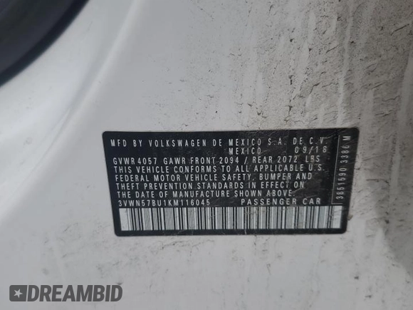 2019 Volkswagen Jetta S with VIN 3VWN57BU1KM116045, listed as a Copart auction lot 58208045 with 70,178 mi miles and Salvage title. Bid and sale history available at DreamBid. Image 12.