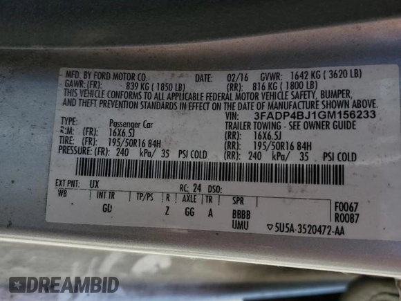 2016 Ford Fiesta SE with VIN 3FADP4BJ1GM156233, listed as a Copart auction lot 49391905 with Not Provided miles and Salvage Title. Bid and sale history available at DreamBid. Image 12.