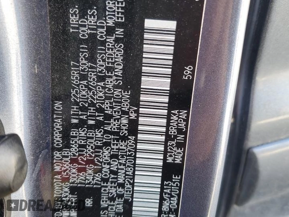 2007 Toyota Highlander w/3rd Row with VIN JTEDP21A870137094, listed as a Copart auction lot 57706855 with 160,443 mi miles and Clean title. Bid and sale history available at DreamBid. Image 13.