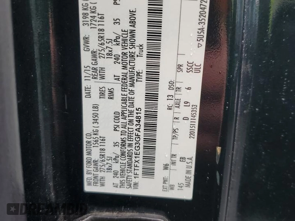 2016 Ford F-150 XLT with VIN 1FTFX1EG3GFA34815, listed as a Copart auction lot 57962835 with 203,507 mi miles and Clean title. Bid and sale history available at DreamBid. Image 12.