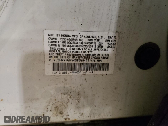 2016 Honda Pilot EX-L z VIN 5FNYF6H54GB026441, wystawiony jako Copart lot #55919035 z przebiegiem Nie podano mil oraz Czysty tytuł • Clean title. Historia ofert i sprzedaży dostępna na DreamBid. Obrazek 14.