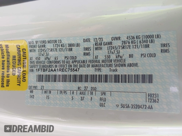 2024 Ford F-250 XL with VIN 1FTBF2AA1REC75547, listed as a IAAI auction lot 42058962 with 1,745 mi miles and . Bid and sale history available at DreamBid. Image 7.