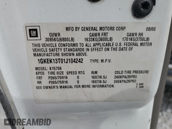 2001 GMC Yukon SLT with VIN 1GKEK13T01J104242, listed as a Copart auction lot 73311234 with 0 mi miles and Clean Title. Bid and sale history available at carsss.com. Image 13.
