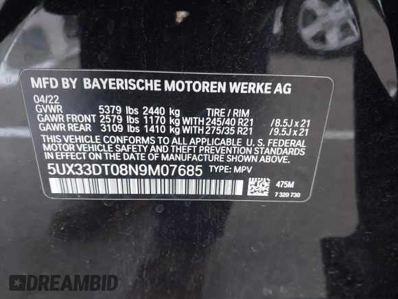 2022 BMW X4 xDrive30i с VIN 5UX33DT08N9M07685, выставлен на аукционе IAAI как лот 42570893 с пробегом 32 920 миль миль и . История ставок и продаж доступна на DreamBid. Изображение 9.