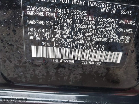 2015 Subaru XV Crosstrek Limited with VIN JF2GPAPC1F8330418, listed as a IAAI auction lot 41724482 with 108,921 mi miles. Bid and sale history available at carsss.com. Image 9.