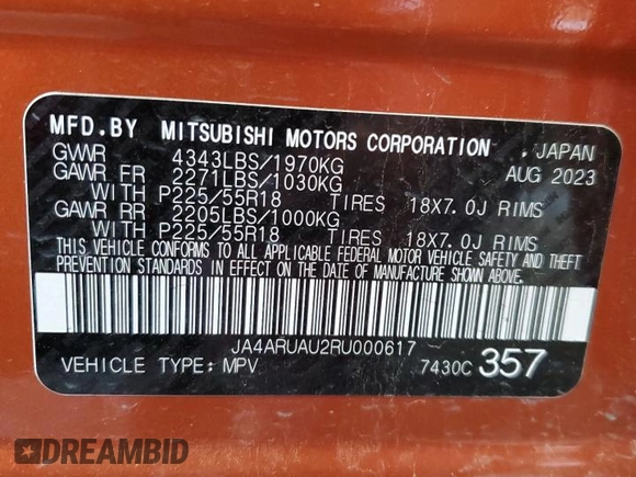 2024 Mitsubishi Outlander S z VIN JA4ARUAU2RU000617, wystawiony jako Copart lot #54299445 z przebiegiem 43 549 mil mil oraz Czysty tytuł • Clean title. Historia ofert i sprzedaży dostępna na DreamBid. Obrazek 14.