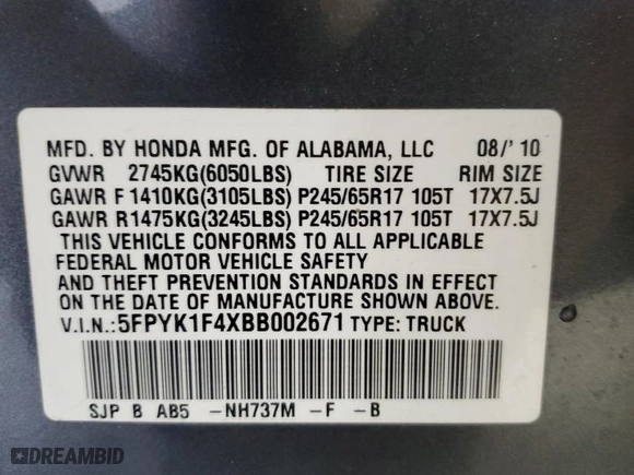 2011 Honda Ridgeline RTS with VIN 5FPYK1F4XBB002671, listed as a Copart auction lot 71988184 with 120,012 mi miles and Salvage Title. Bid and sale history available at carsss.com. Image 12.