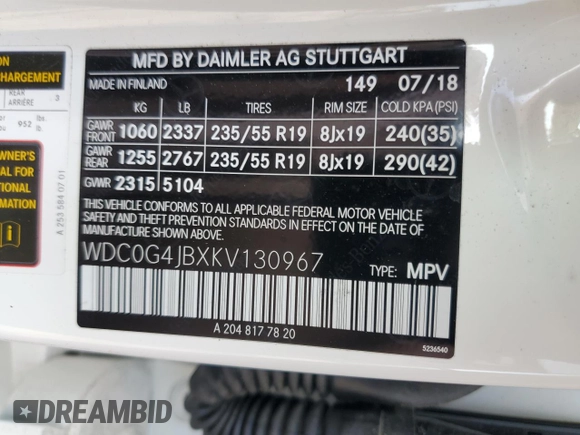 2019 Mercedes-Benz GLC 300 with VIN WDC0G4JBXKV130967, listed as a Copart auction lot 56243325 with Not provided miles and Salvage title. Bid and sale history available at DreamBid. Image 14.