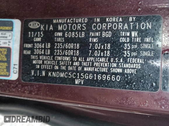 2016 Kia Sedona SX with VIN KNDMC5C15G6169660, listed as a Copart auction lot 85941454 with 0 mi miles and Clean Title. Bid and sale history available at carsss.com. Image 13.