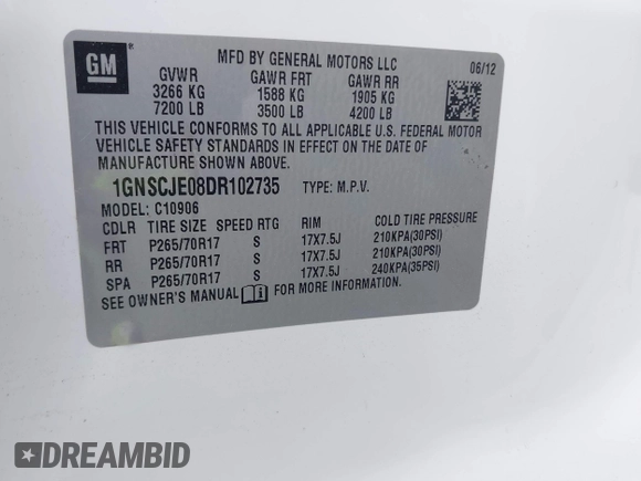 2013 Chevrolet Suburban LT with VIN 1GNSCJE08DR102735, listed as a IAAI auction lot 42228063 with 101,671 mi miles and . Bid and sale history available at DreamBid. Image 9.