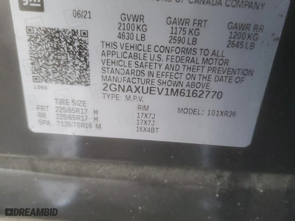 2021 Chevrolet Equinox LT with VIN 2GNAXUEV1M6162770, listed as a Copart auction lot 41598885 with 64,239 mi miles and Salvage Title. Bid and sale history available at carsss.com. Image 13.