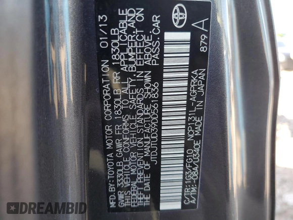 2013 Toyota Yaris L with VIN JTDJTUD39DD561836, listed as a Copart auction lot 69000494 with 63,780 mi miles and Salvage Title. Bid and sale history available at carsss.com. Image 12.