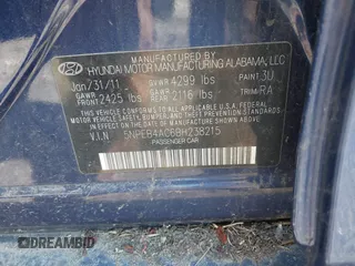 2011 Hyundai Sonata GLS with VIN 5NPEB4AC6BH238215, listed as a IAAI auction lot 41918983 with Not Provided miles and . Bid and sale history available at carsss.com. Image 9.