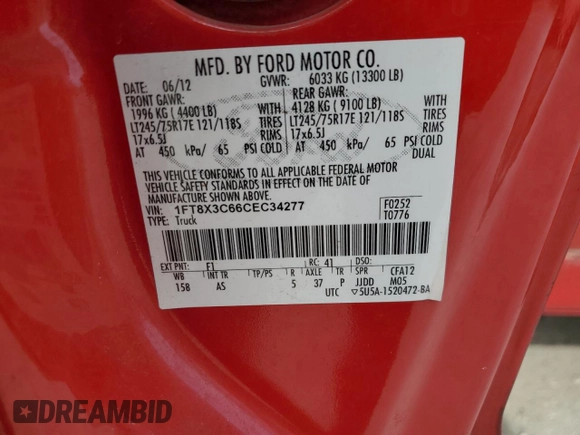 2012 Ford F-350 XL with VIN 1FT8X3C66CEC34277, listed as a Copart auction lot 47144405 with 214,030 mi miles and Clean Title. Bid and sale history available at DreamBid. Image 14.