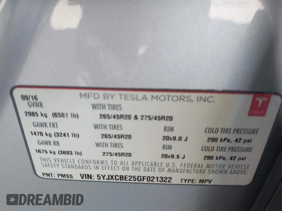 2016 Tesla Model X 70D z VIN 5YJXCBE25GF021322, wystawiony jako IAAI lot #41866368 z przebiegiem 95 072 mil mil oraz . Historia ofert i sprzedaży dostępna na DreamBid. Obrazek 9.
