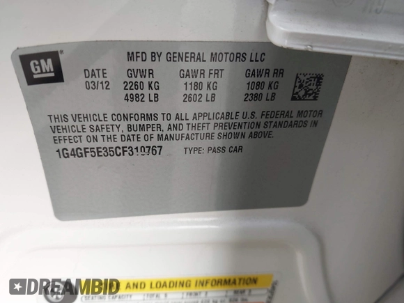 2012 Buick LaCrosse Premium 2 с VIN 1G4GF5E35CF310767, выставлен на аукционе IAAI как лот 42083067 с пробегом 143 093 миль миль и . История ставок и продаж доступна на DreamBid. Изображение 9.
