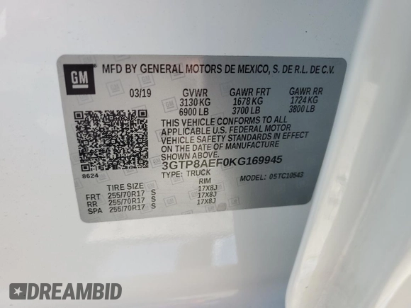 2019 GMC Sierra 1500 with VIN 3GTP8AEF0KG169945, listed as a Copart auction lot 69431164 with 156,160 mi miles and Salvage Title. Bid and sale history available at DreamBid. Image 13.