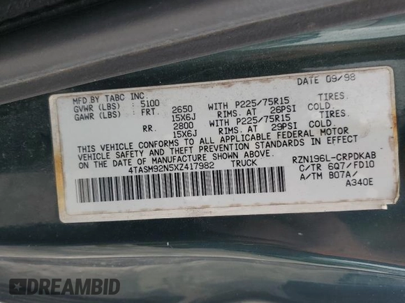 1999 Toyota Tacoma PreRunner z VIN 4TASM92N5XZ417982, wystawiony jako Copart lot #85216054 z przebiegiem 200 772 mil mil oraz Szkoda całkowita • Salvage title. Historia ofert i sprzedaży dostępna na DreamBid. Obrazek 14.
