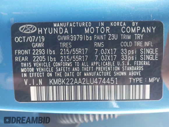 2020 Hyundai Kona SEL with VIN KM8K22AA2LU474451, listed as a IAAI auction lot 41707366 with 40,329 mi miles. Bid and sale history available at carsss.com. Image 9.